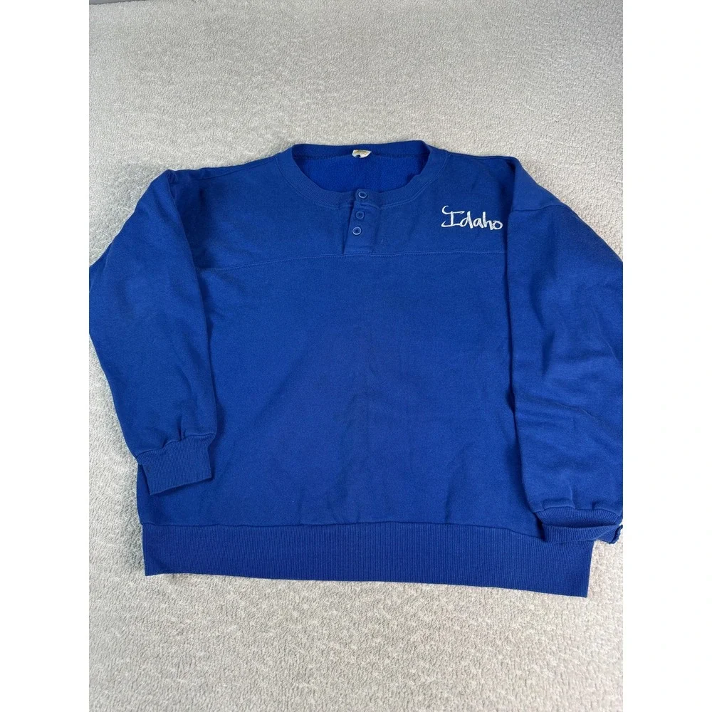 Vintage Velva Sheen Idaho Sweater Mens XL Blue Pullover Crewneck Embroidered 90s